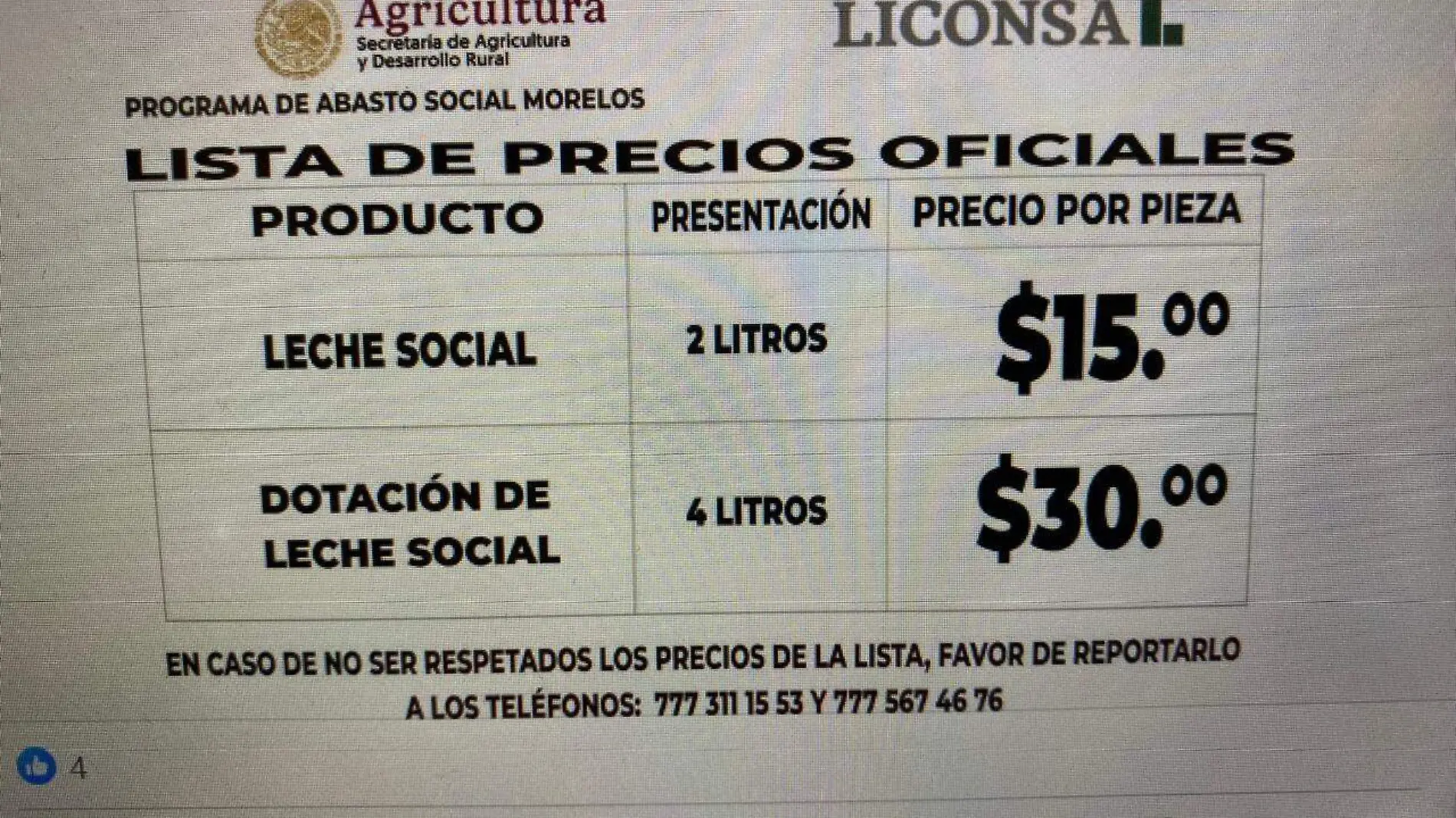 Leche Liconsa sube de 26 a los 30 pesos en bolsa de 2 litros